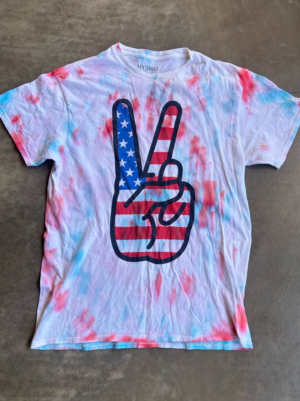 Hybrid Apparel White Tie-Dye Tee with custom Red & Blue American Peace Hand